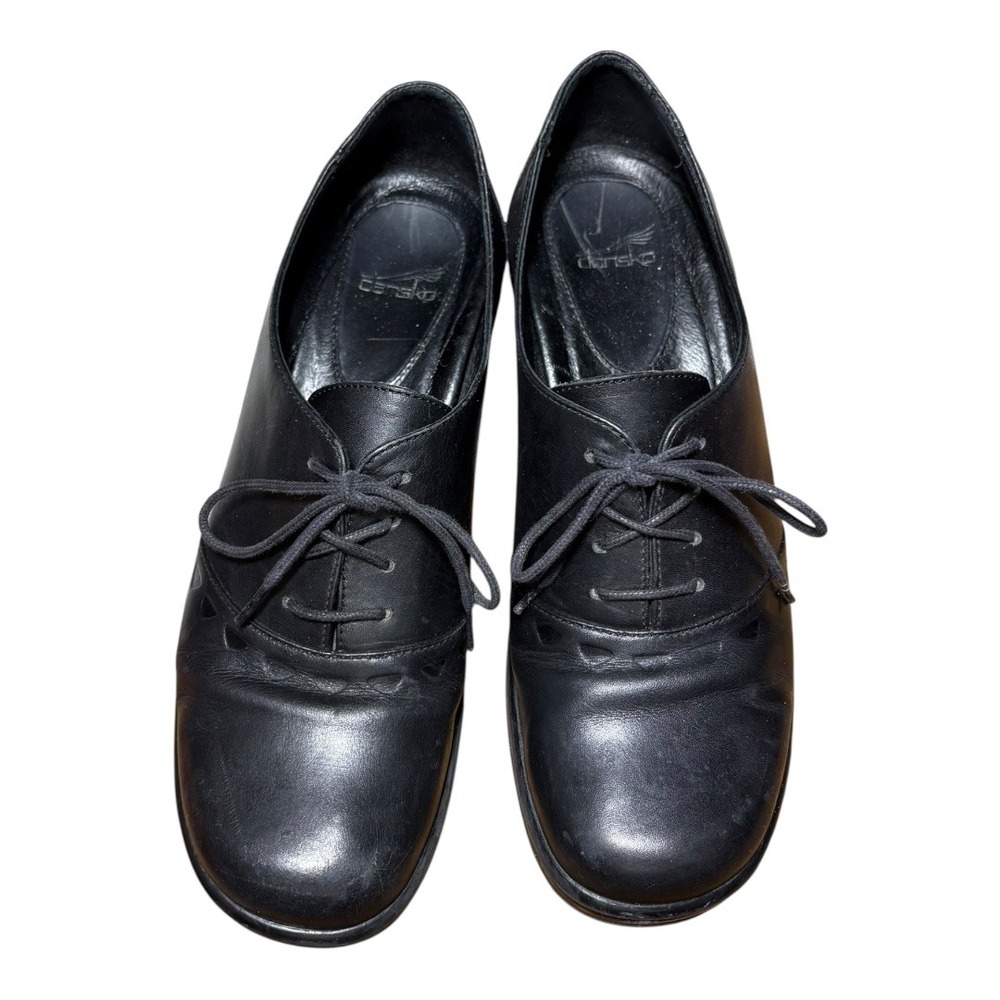 Dansko Black Leather Lace-Up Flats - Picture 2 of 8
